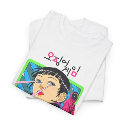 Refined flat lay of a white graphic t-shirt with a striking design inspired by a popular series, showcasing a blend of artistry and comfort, perfect for those who appreciate fashionable statement pieces.