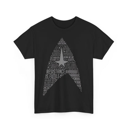 Chic front view of the Star Trek Federation Logo Art Graphic Unisex T-Shirt Tee in black, adorned with the notable starship silhouette crafted from memorable quotes from the series.