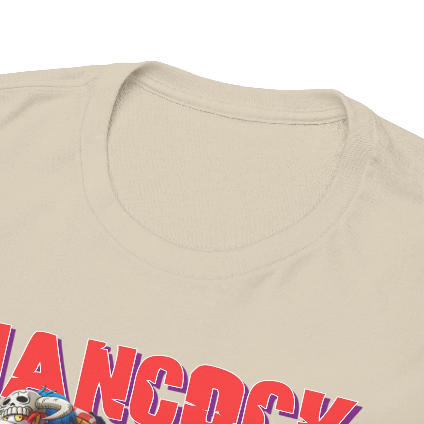 Close-up view of the Hancock anime men's t-shirt collar and neckline, showcasing the premium fabric and detailed print.