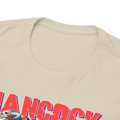 Close-up view of the Hancock anime men's t-shirt collar and neckline, showcasing the premium fabric and detailed print.