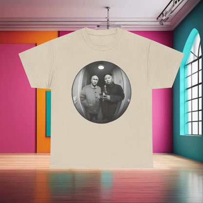 Stylish wine and drink-holding leaders on Diplomacy Humor Fusion Tee 'Meet the Neighbors', adding a comical twist to your wardrobe.