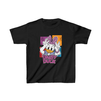 Luxury Unisex Kids Daisy Duck Cotton T-Shirt in black featuring a vibrant graphic print of Daisy Duck, perfect for stylish young adventurers.