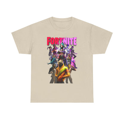 Elegant Fortnite-themed beige T-shirt with an eye-catching graphic of iconic characters, embodying style and gaming culture with vibrant colours on a soft fabric.