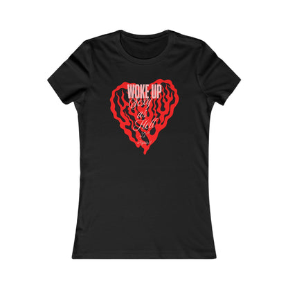 Woke Up Sexy Graphic Tee for Women in black featuring a bold red heart design with the words 'WOKE UP Sexy as Hell' in stylish font, embodying confidence and flair.