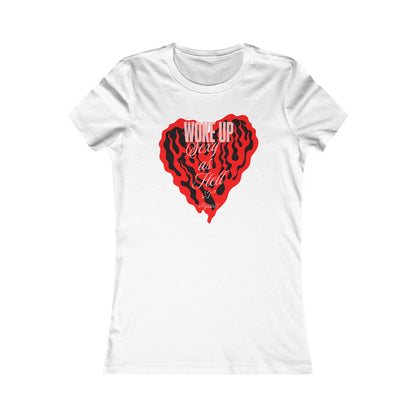 Woke Up Sexy Graphic Tee for Women in white showcasing a striking red heart design with the phrase 'WOKE UP Sexy as Hell', perfect for making a stylish statement.
