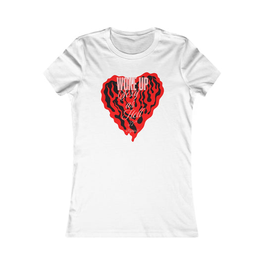 Woke Up Sexy Graphic Tee for Women in white showcasing a striking red heart design with the phrase 'WOKE UP Sexy as Hell', perfect for making a stylish statement.