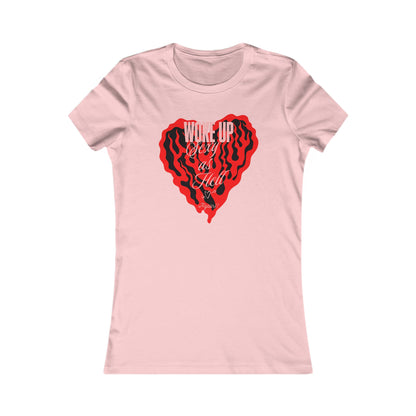 Woke Up Sexy Graphic Tee for Women in pink adorned with a vibrant red heart and the caption 'WOKE UP Sexy as Hell', a luxurious choice for those who embrace individuality.
