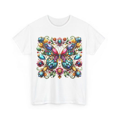 Enchanting Butterfly Brooch unisex T-shirt in white, featuring a striking butterfly graphic embellished with intricate gemstone details, exuding luxury and charm.