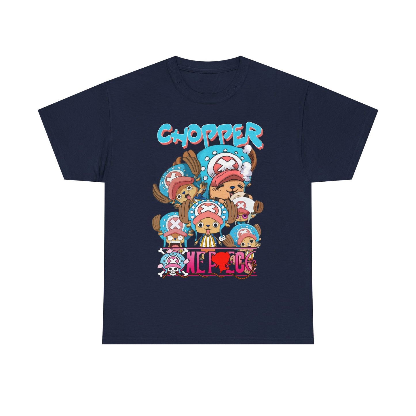 Luxurious navy blue graphic t-shirt featuring Chopper and playful anime expressions, perfect for fashionable anime enthusiasts.