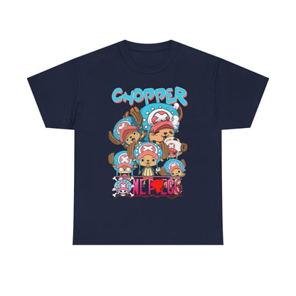 Luxurious navy blue graphic t-shirt featuring Chopper and playful anime expressions, perfect for fashionable anime enthusiasts.