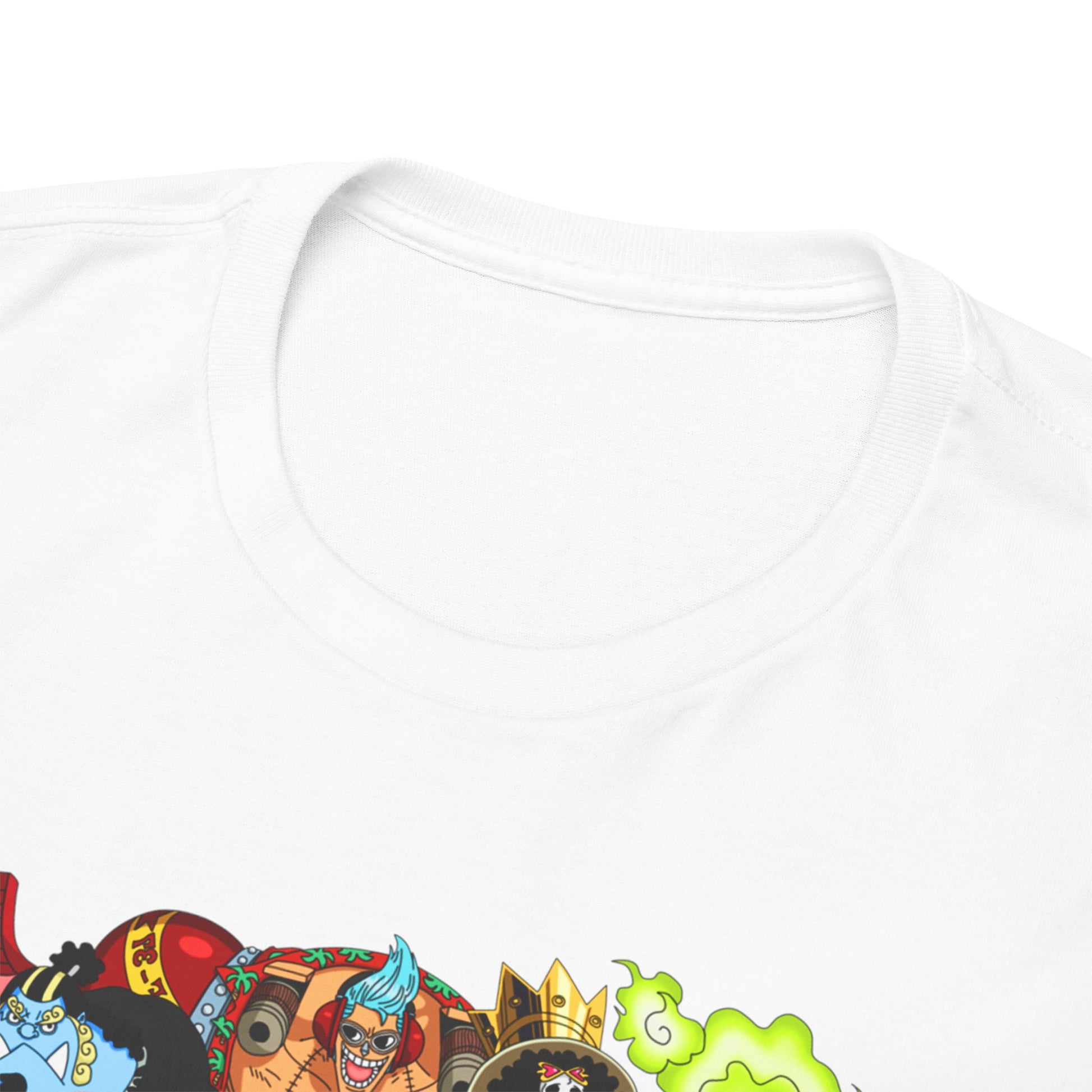 Close-up of the high-quality neckline of a white t-shirt featuring a vibrant Nami design from One Piece, highlighting exquisite craftsmanship and attention to detail.