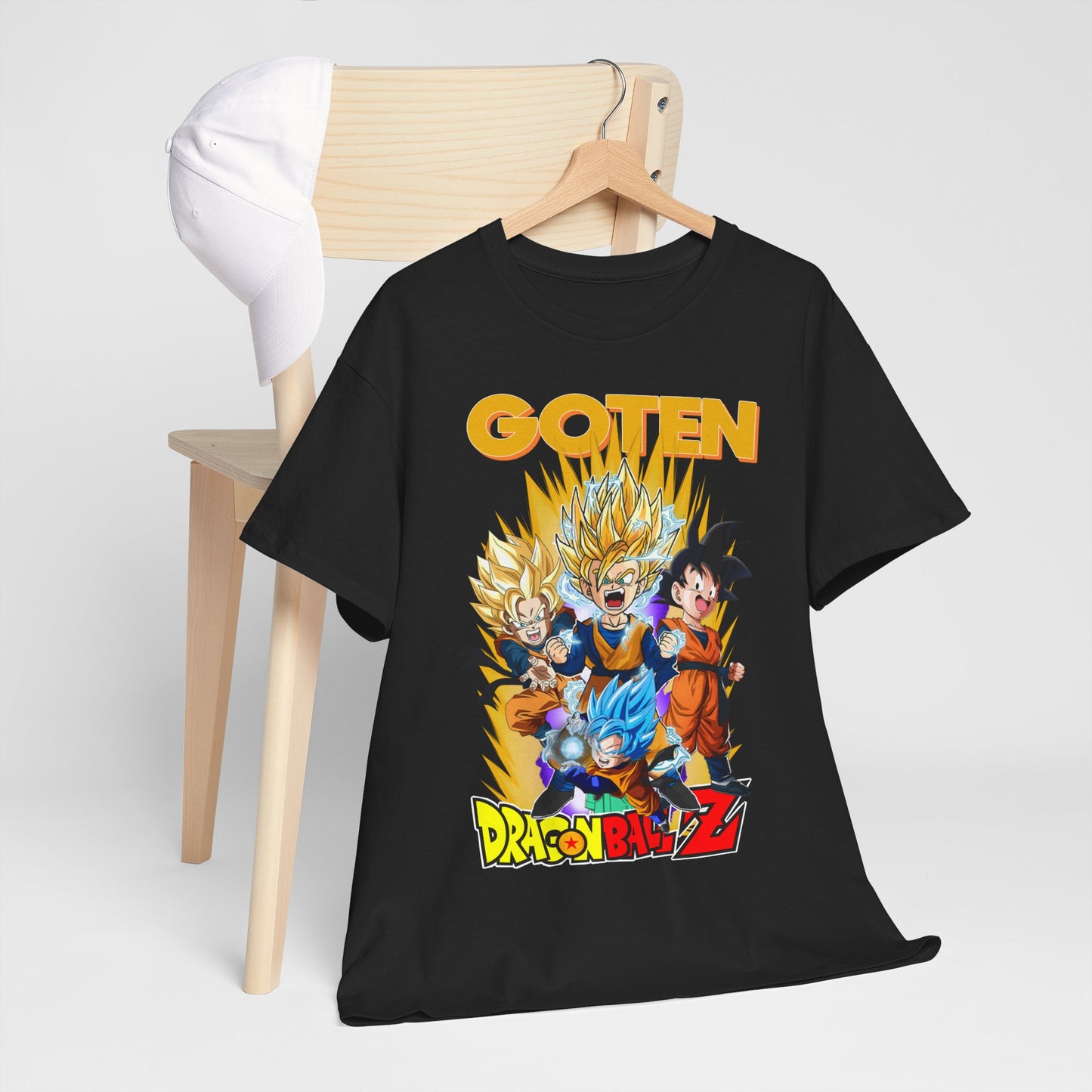 Sophisticated display of Dragon Ball Z GOTEN T-shirt on a wooden hanger, highlighting its vibrant imagery and modern aesthetic.