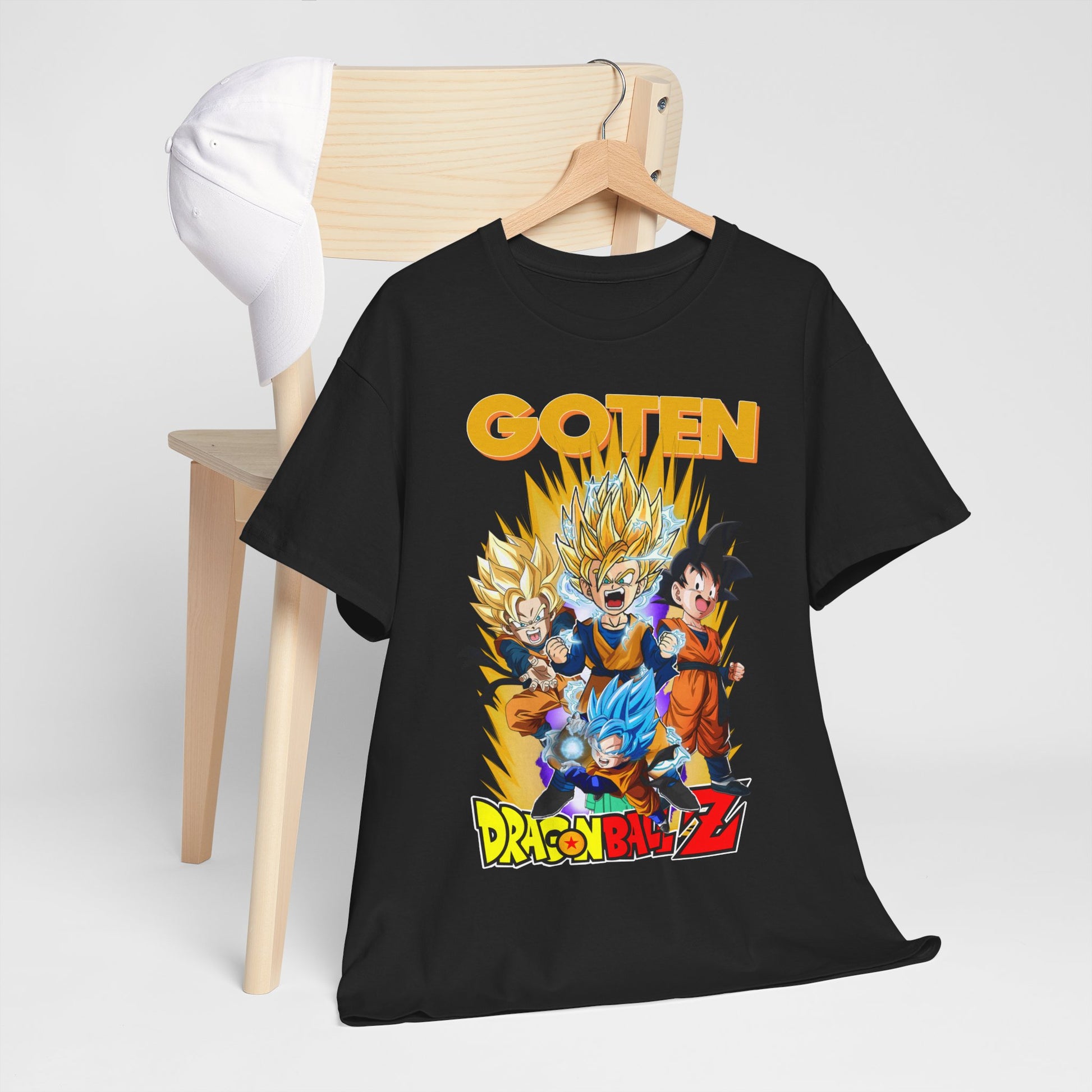Sophisticated display of Dragon Ball Z GOTEN T-shirt on a wooden hanger, highlighting its vibrant imagery and modern aesthetic.
