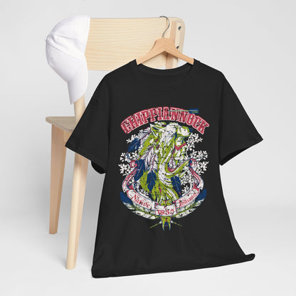 Fashionable black graphic t-shirt, beautifully arranged on a wooden chair, featuring intricate wolf and floral designs, symbolising strength and heritage.