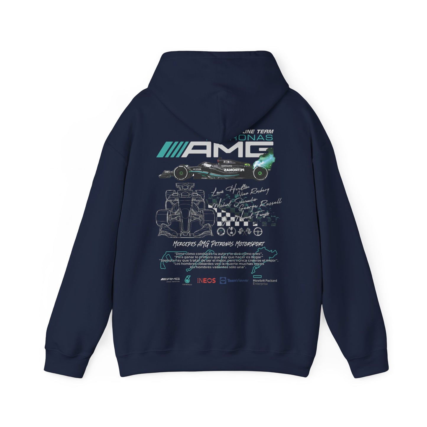 Sophisticated navy hoodie presenting the Mercedes AMG Petronas F1 Racing Team design, showcasing a sleek Formula One car graphic on the back, complemented by driver signatures and team branding.