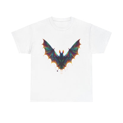 Sophisticated Radiant Evolution Bat Tee in white featuring a striking full bat graphic with dynamic rainbow colours, perfect for expressing individuality and style.