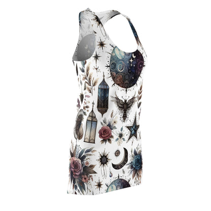 Side angle of the Chic Women's Designer Racerback Dress highlighting its unique celestial and floral prints, tailored for summer festivities.