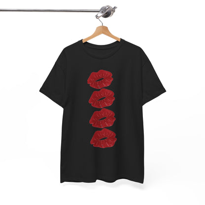 Stylish black t-shirt displayed elegantly on a hanger, showcasing unique vertical kiss mark design in rich red, perfect for urban fashion lovers.