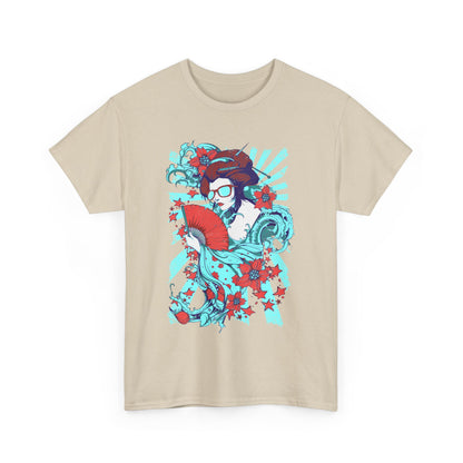 Front view of a luxurious men's T-shirt featuring a vibrant graphic design of a geisha with a red fan, blending traditional Japanese art with modern graphic elements.