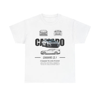 Elegant white Mens Camaro ZL1 T-Shirt featuring a detailed illustration of the Camaro model, perfect for those who appreciate high-end automotive design.