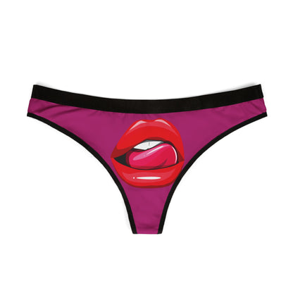 Exquisite women's thong showcasing bold red lips and tongue design against a pink background, perfect as a humorous and romantic gift for special celebrations.