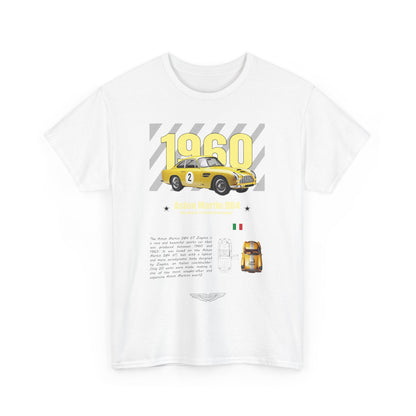 Elegant white Aston Martin DB4 GT Zagato t-shirt featuring a vibrant graphic of a classic 1960 sports car in yellow, accompanied by stylish typography and automotive-themed design elements.
