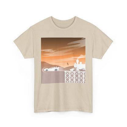 Elegant unisex cotton graphic t-shirt illustrating a creative Back To The Future theme with a stylised car and steam train, complemented by a serene sunrise backdrop in soft hues. A witty and stylish addition to any wardrobe.