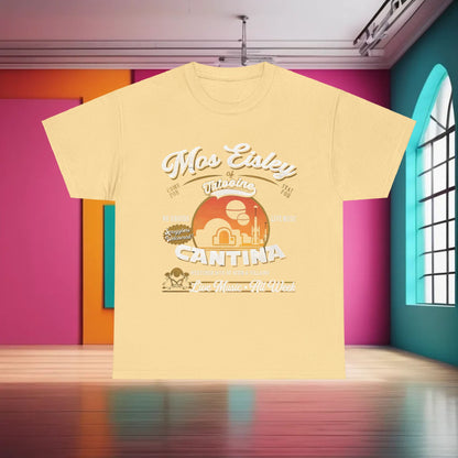 Star Wars Mos Eisley Cantina Graphic T-Shirt in soft yellow, featuring an iconic graphic design that elegantly represents the beloved cantina.