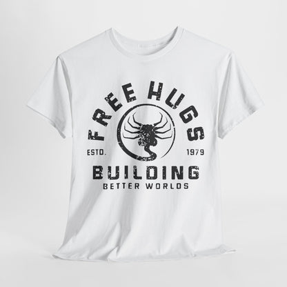 Luxurious white men's t-shirt featuring a bold graphic print of 'FREE HUGS' and 'BUILDING BETTER WORLDS' in distressed black typography, perfect for urban streetwear enthusiasts.