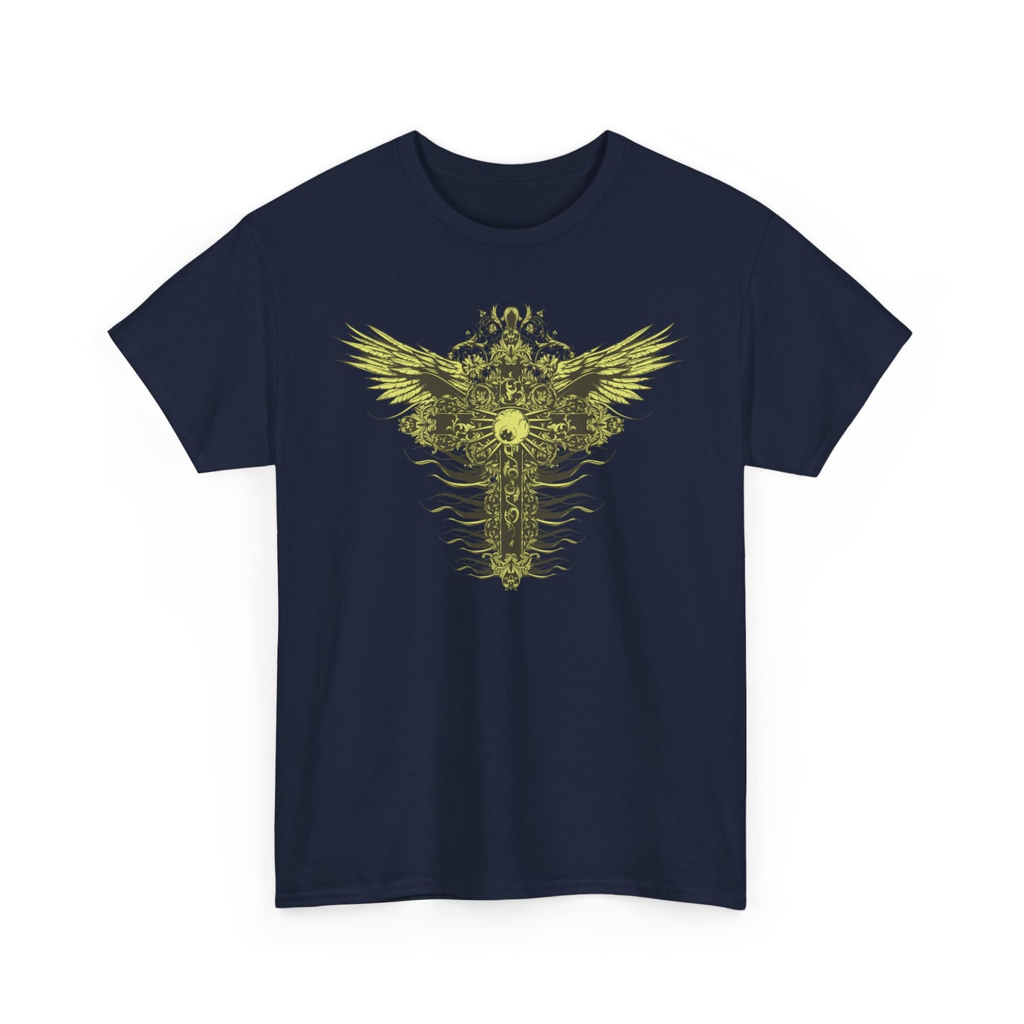 Elegant navy blue men's t-shirt showcasing a stunning graphic of a celestial cross with stylized wings in luminous yellow-gold, ideal for making a bold fashion statement.