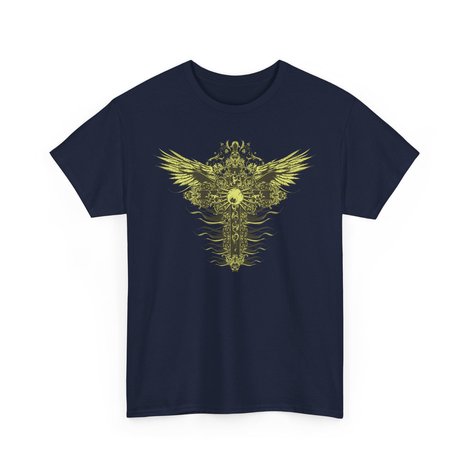 Elegant navy blue men's t-shirt showcasing a stunning graphic of a celestial cross with stylized wings in luminous yellow-gold, ideal for making a bold fashion statement.