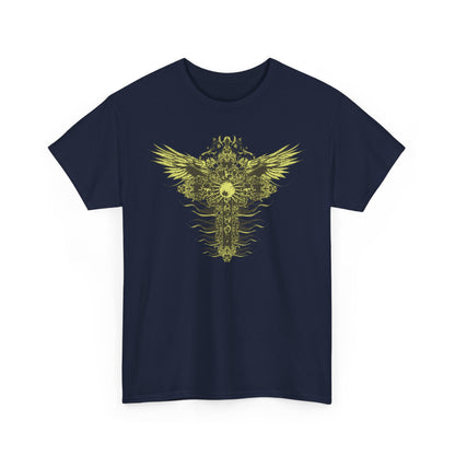 Front view of an ornate men's t-shirt featuring a striking graphic of a decorative cross with stylised wings in luminous yellow-gold against a dark navy blue background.