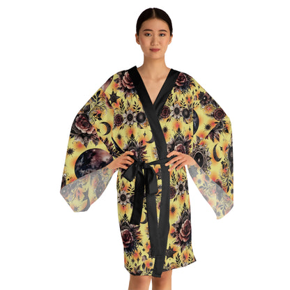 Sophisticated floral kimono robe, designed for women, highlighting an eye-catching floral design. Ideal designer lounge wear for a luxurious and stylish experience.