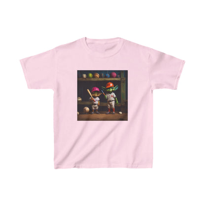 Kids Cute Alien Heavy Cotton T-Shirt in pink featuring charming alien characters, perfect for stylish young explorers.