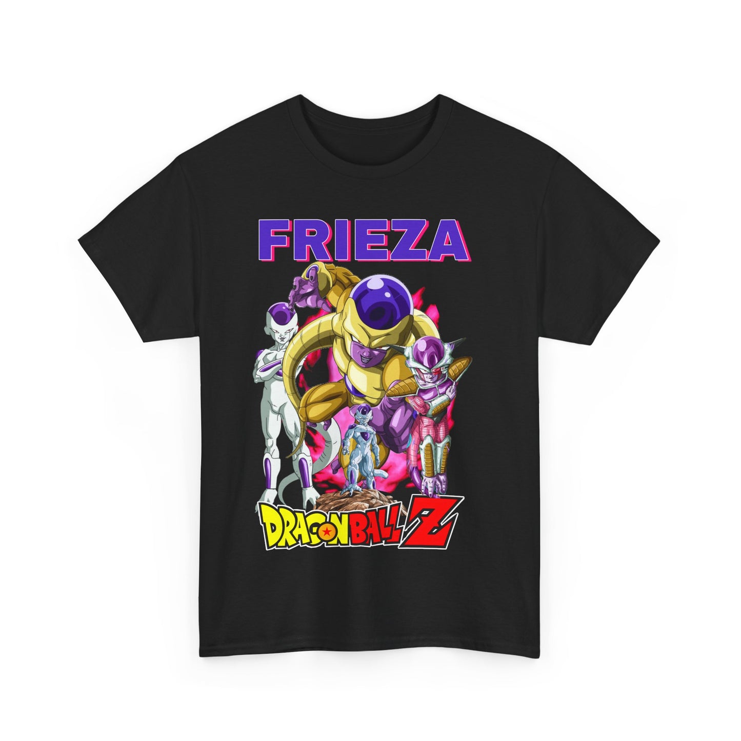 Elegant view of the Dragon Ball Z Frieza T-Shirt showcasing a dynamic print of Frieza characters, highlighted by bold typography, ideal for fashionable anime fans.