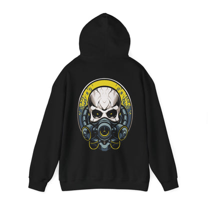 Chic black hoodie with a dramatic back graphic of a skull wearing a gas mask, perfect for making a bold fashion statement.