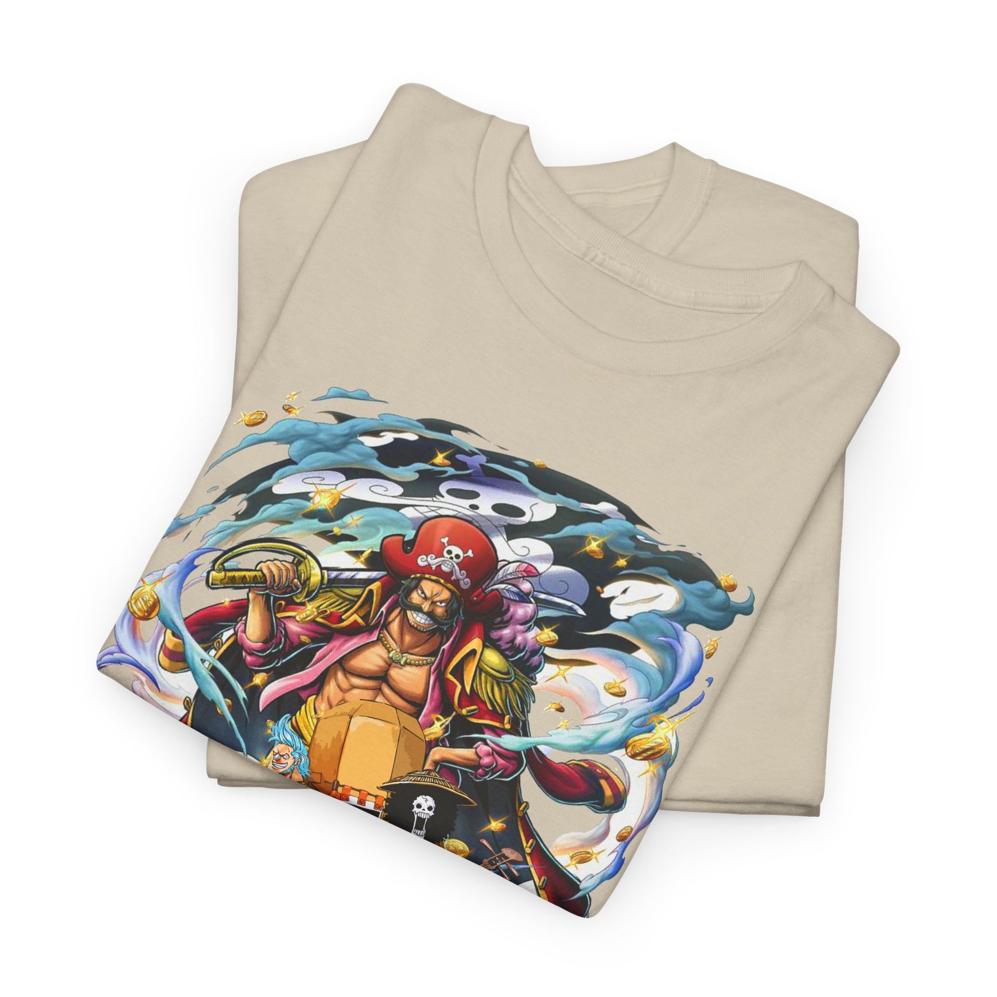 Luxurious beige men's T-shirt featuring a vivid pirate character graphic, showcasing intricate details and vibrant colours, perfect for anime enthusiasts.