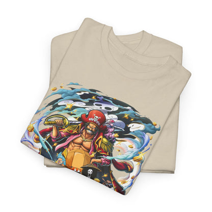 Luxurious beige men's T-shirt featuring a vivid pirate character graphic, showcasing intricate details and vibrant colours, perfect for anime enthusiasts.