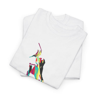 Stylish white graphic t-shirt featuring a vibrant pop art illustration of a feminine silhouette, ideal for both casual and trendy occasions.