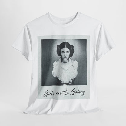 Star Wars Princess Leia 'Girls Run the Galaxy' graphic t-shirt displayed elegantly, highlighting the vintage portrait of the iconic character and the empowering slogan.