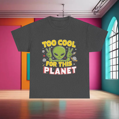 Trendy Unisex Alien Graphic T-Shirt in dark grey showcasing an eye-catching alien graphic with the phrase 'Too Cool for This Planet'. A must-have for luxe urban style.