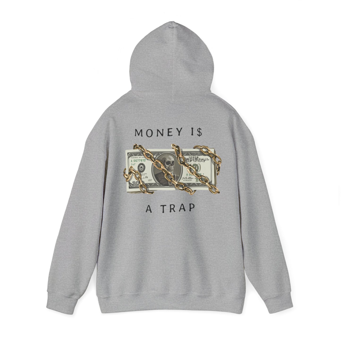 Elegant grey hoodie adorned with a striking back graphic of money trapped by chains, representing the complexities of financial desire.