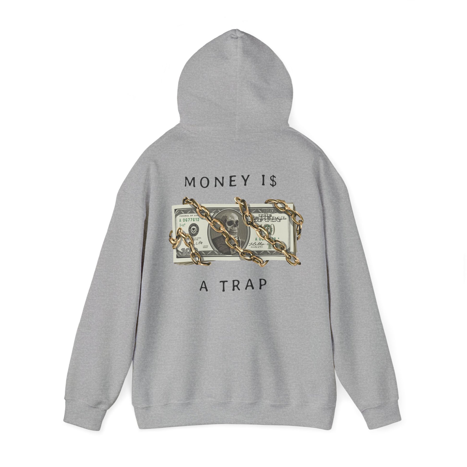 Elegant grey hoodie adorned with a striking back graphic of money trapped by chains, representing the complexities of financial desire.