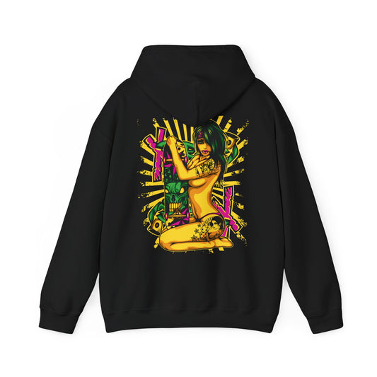 Sleek black hoodie adorned with an eye-catching pop art illustration on the back. The design features a confident woman with emerald green hair and detailed tattoos, embracing a skateboard embellished with a bold monster skull motif, exuding an electrifying style.