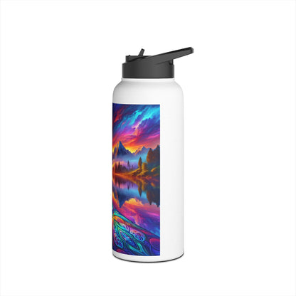 Fantasy Paddleboarding Stainless Steel Water Bottle adorned with a stunning landscape illustration, designed for luxury and high performance.