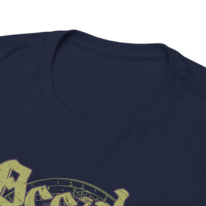 Close-up of a luxurious men's graphic t-shirt collar, showcasing premium fabric quality and a captivating Day of the Dead skull design in muted colors, perfect for unique styling.