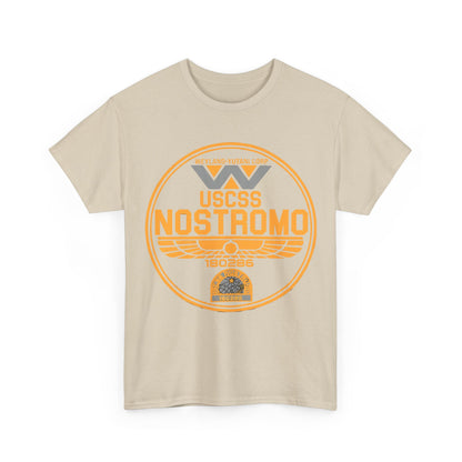 Front view of the USCSS Nostromo Graphic Unisex Tee Shirt - Enigmatic Design for Sci-Fi Aficionados, showcasing the iconic Nostromo logo in vibrant orange on a soft beige fabric.