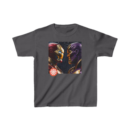 Kids Iron Man Heavy Cotton T-Shirt with Hulk Print displaying an eye-catching Iron Man against Thanos design on a stylish charcoal fabric, ideal for luxury-loving children.