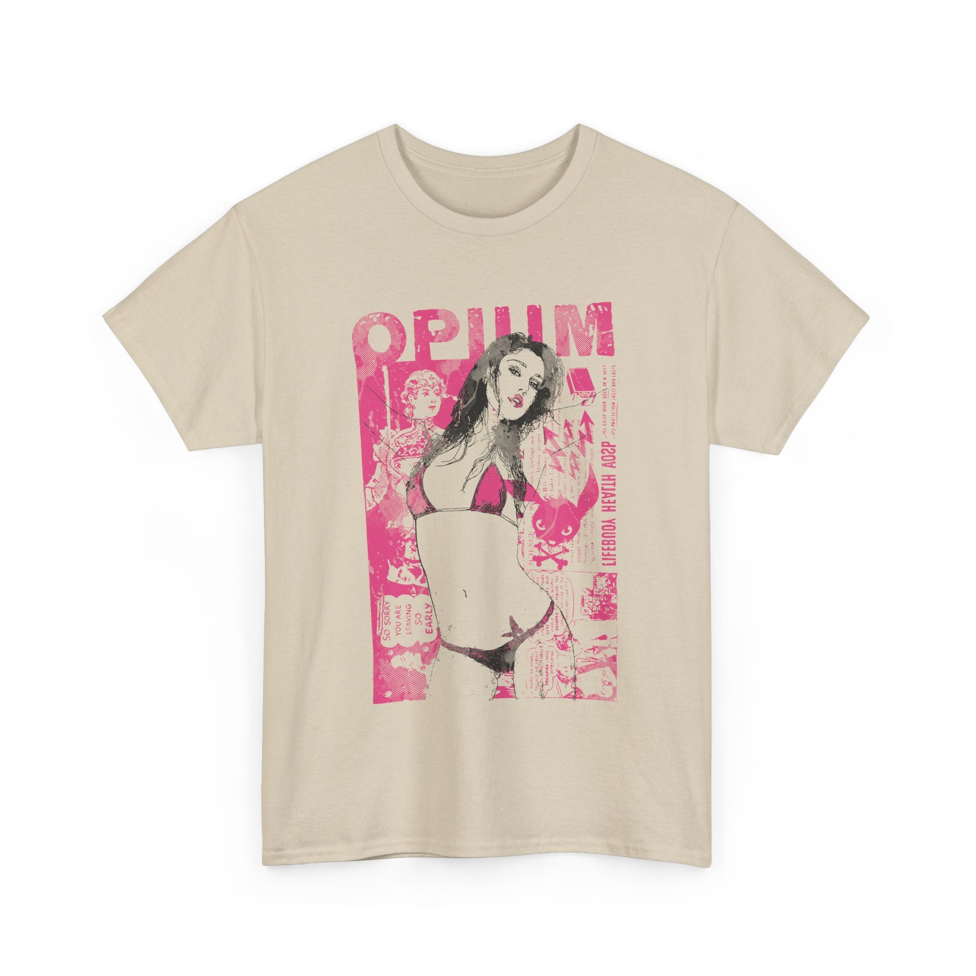 Artistic front view of a stylish beige T-shirt adorned with a bold pink 'OPIUM' graphic, embodying a daring and unique fashion statement for modern men.