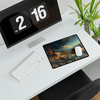 Lunaria Spectroscape Edvard Munch-Inspired Desk Mat elegantly placed on a pristine white desk, alongside a keyboard and monitor, bringing artistic flair to the workspace.